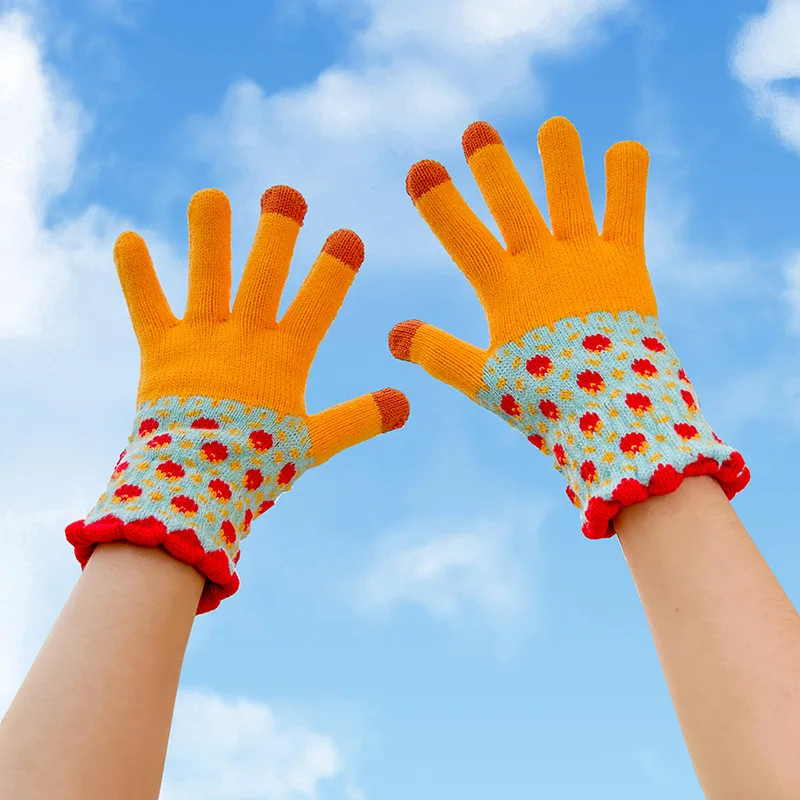 Guantes de mano de punto con flores coloridas para mujer y niña, manoplas cálidas de lana gruesa con pantalla táctil, a prueba de viento, Invierno