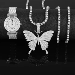 Stylish Women Watch Set Hip-hop Punk Inlaid Diamond Watch&Butterfly Pendant Necklace Silver Tennis Chain Luxury Jewelry Gift