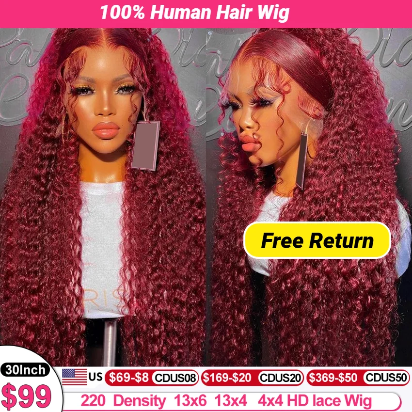 Swupod-Perruque Lace Front Wig Remy Deep Wave pour Femme Africaine, Cheveux Naturels, Bordeaux 99J, Sans Colle, Densité 200, 13x4, HD