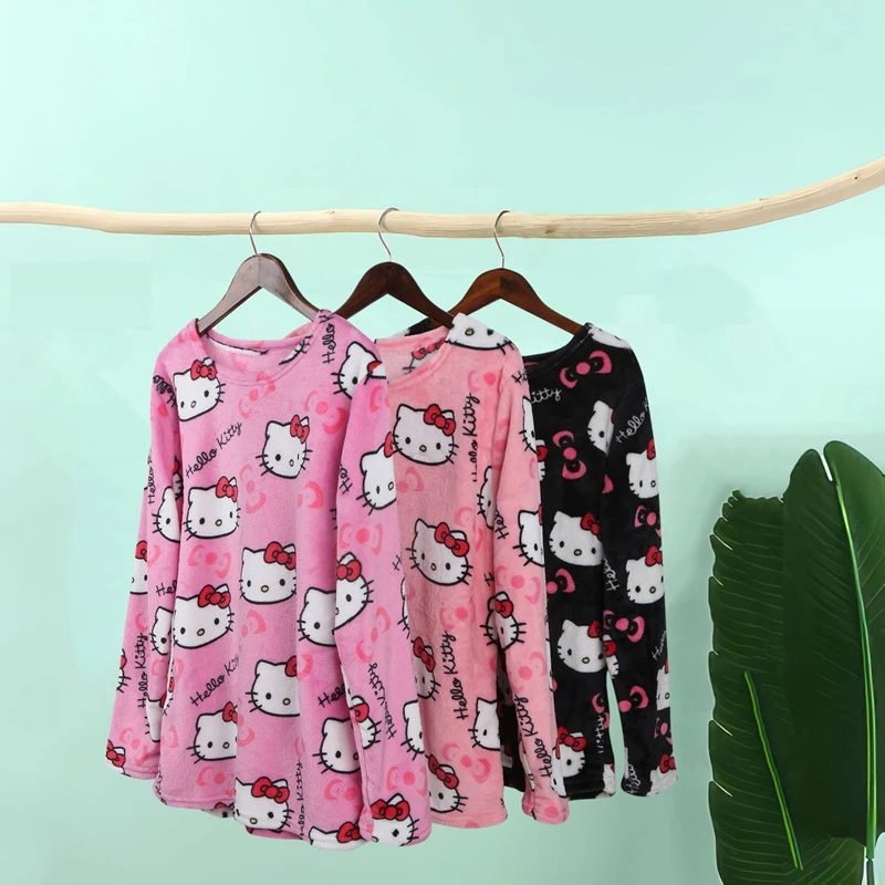 MINISO 2PCS Hello Kitty Anime Y2k Kawaii Flannel Pajamas Women Warm Cartoon Casual Home Pants Autumn Winter Tops Trousers Set