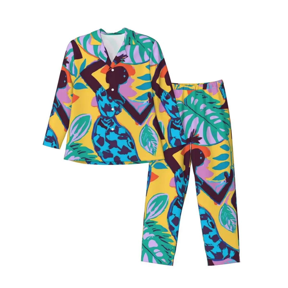 Pajamas Mens African Women Dancing Daily Nightwear Joyful and Colorful Art 2 Piece Vintage Pajama Sets Oversized Home Suit