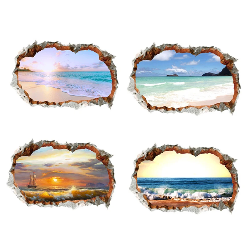 The new broken landscape wall pasted ocean beach decorative painting home background wall self-adhesive paper