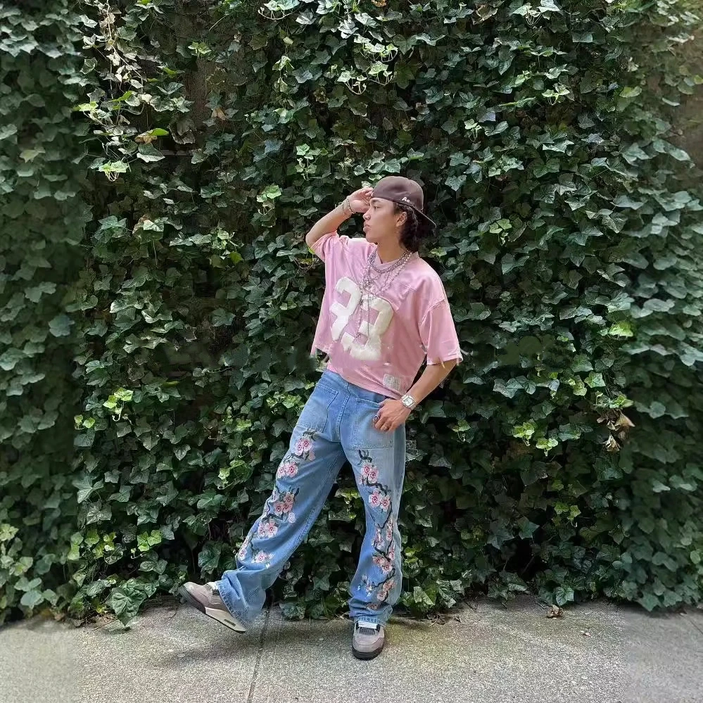 ฤดูร้อนอเมริกันวินเทจสีชมพูดอกไม้กางเกงยีนส์ขากว้างผู้หญิงสูงเอวล้างตรงกางเกงสบายๆหลวม Hip Hop แฟชั่น