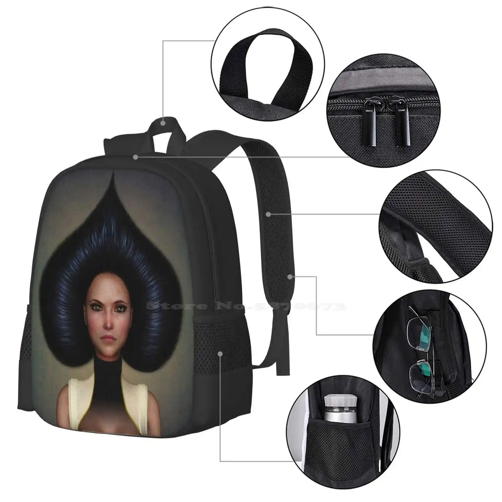 Queen Of Spades-mochila para portátil de viaje, bolso escolar con retrato de mujer, Cara de peinado, surrealismo de fantasía de emoción