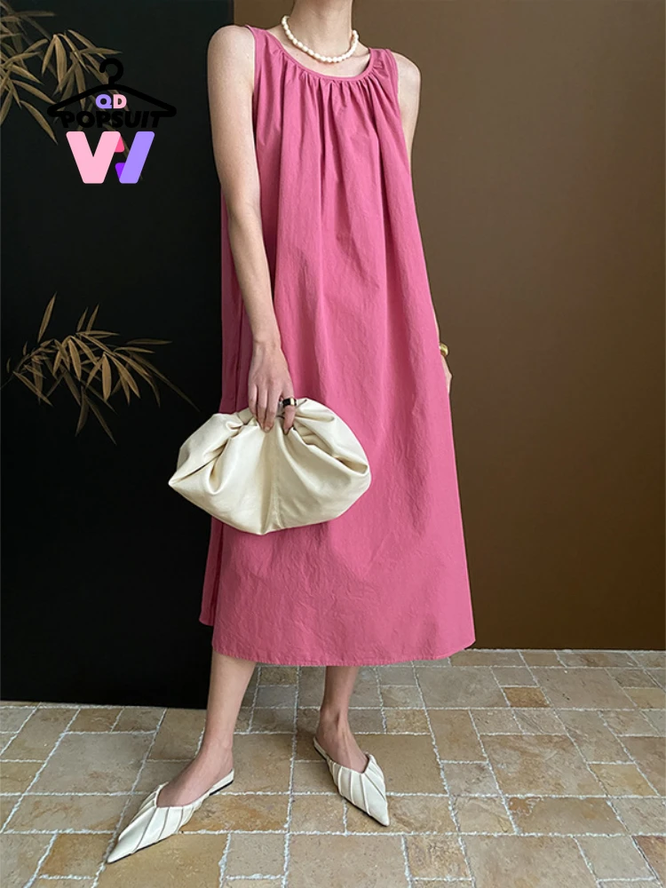 New Spring Summer Women's Dress Peach Pink Holiday Style Loose Sleeveless Fashionable Casual A-line Long Skirt Women's Clothing