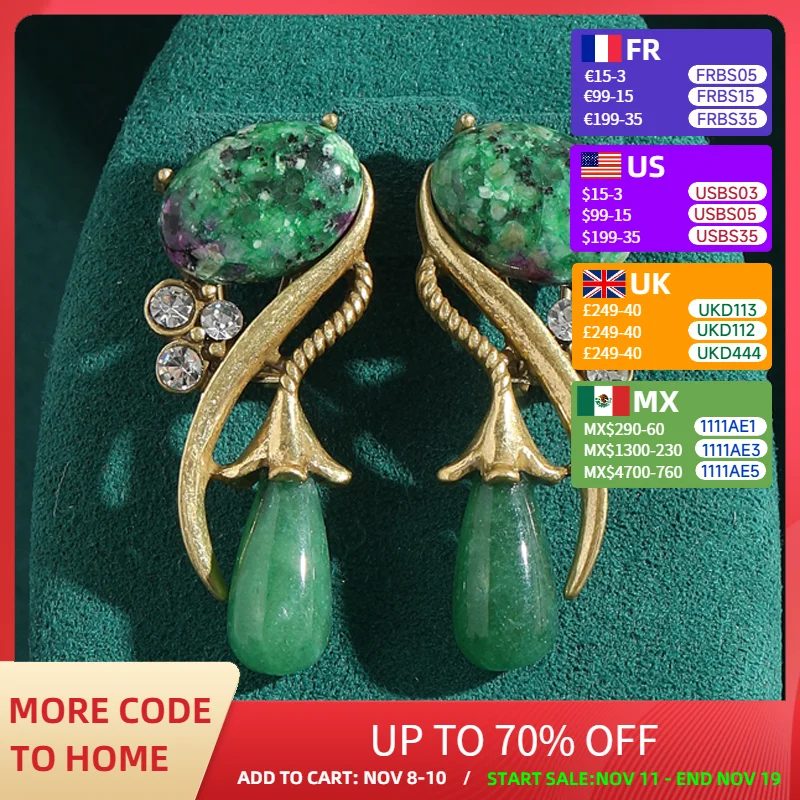 

Antique Jewelry Moss Green Natural Stone Long Water Drop Earrings Flower Rhinestones Vintage Luxury for Women New Arrival 2025