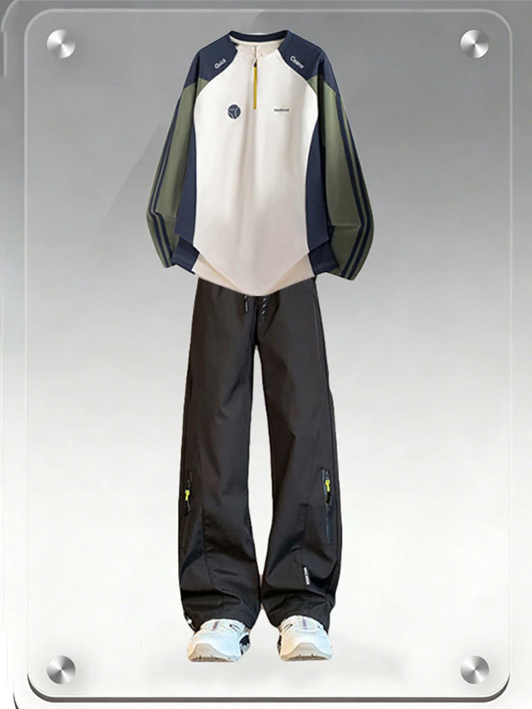 

Qui Dry Outdoor Running Sports Set Men's Spring f Zip Splice T-irt with Soft ell ell Pant Two Piece Set