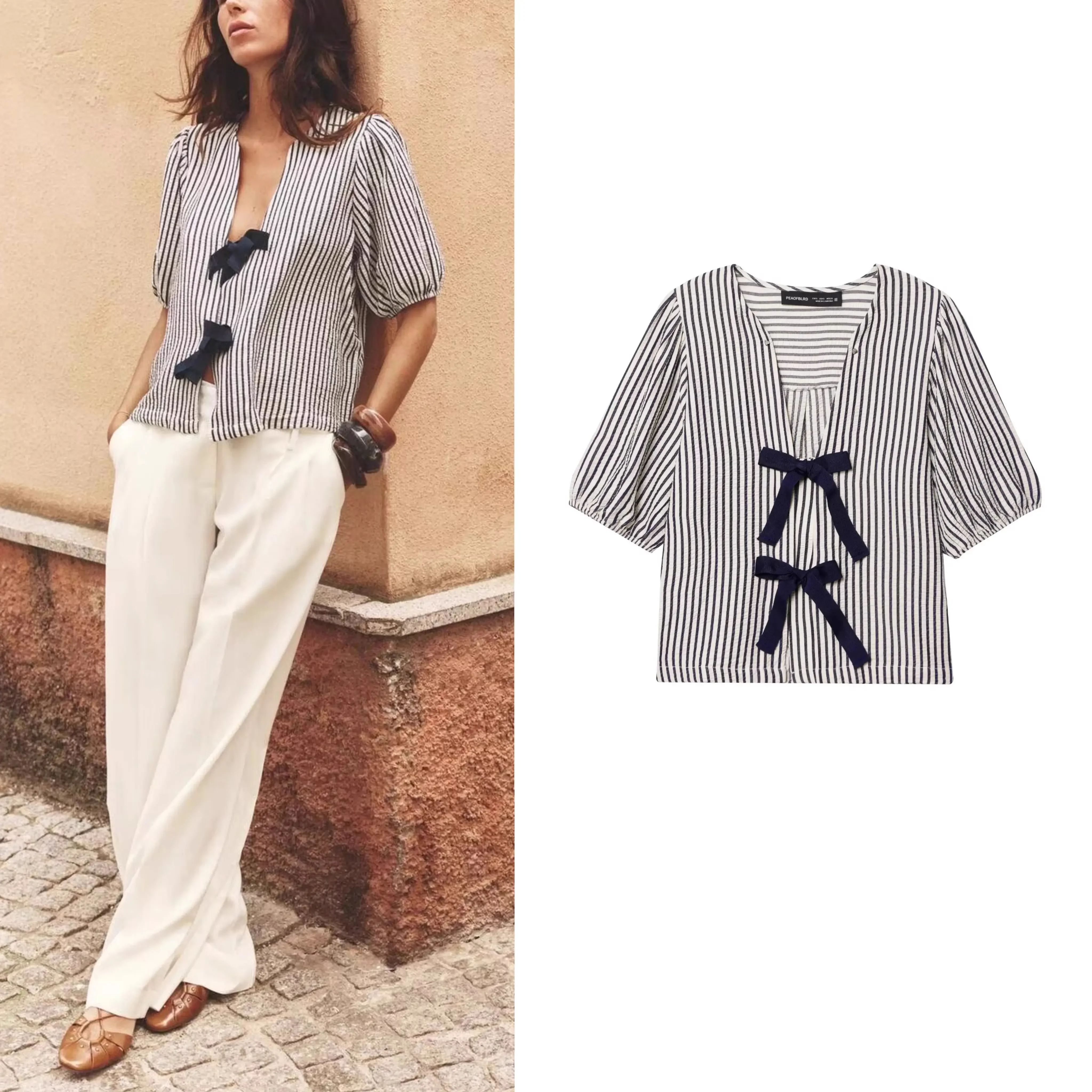 

Fangokv Women Striped Blouse With Ties Summer Short Puff Sleeves V Neck Shirts Casual Elastic Cuffs Women's Shirts & Blouses