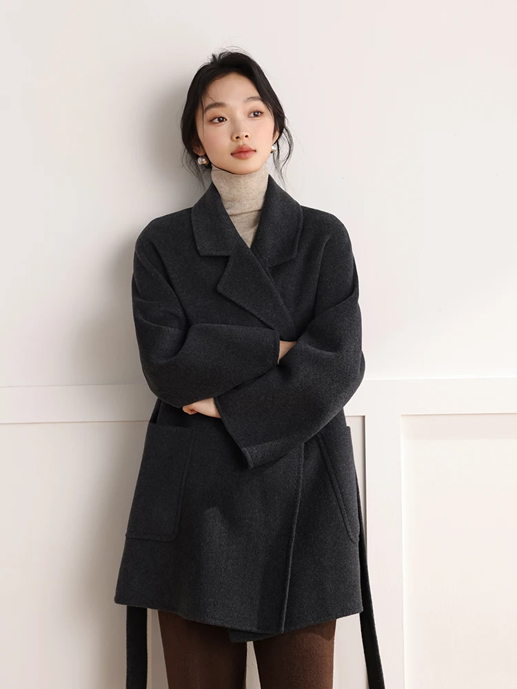 

Двустороннее шерстяное пальто-камере классического силуэта с поясом из шерсти и камере, осенне-зимнее, новое, для повседневной носки