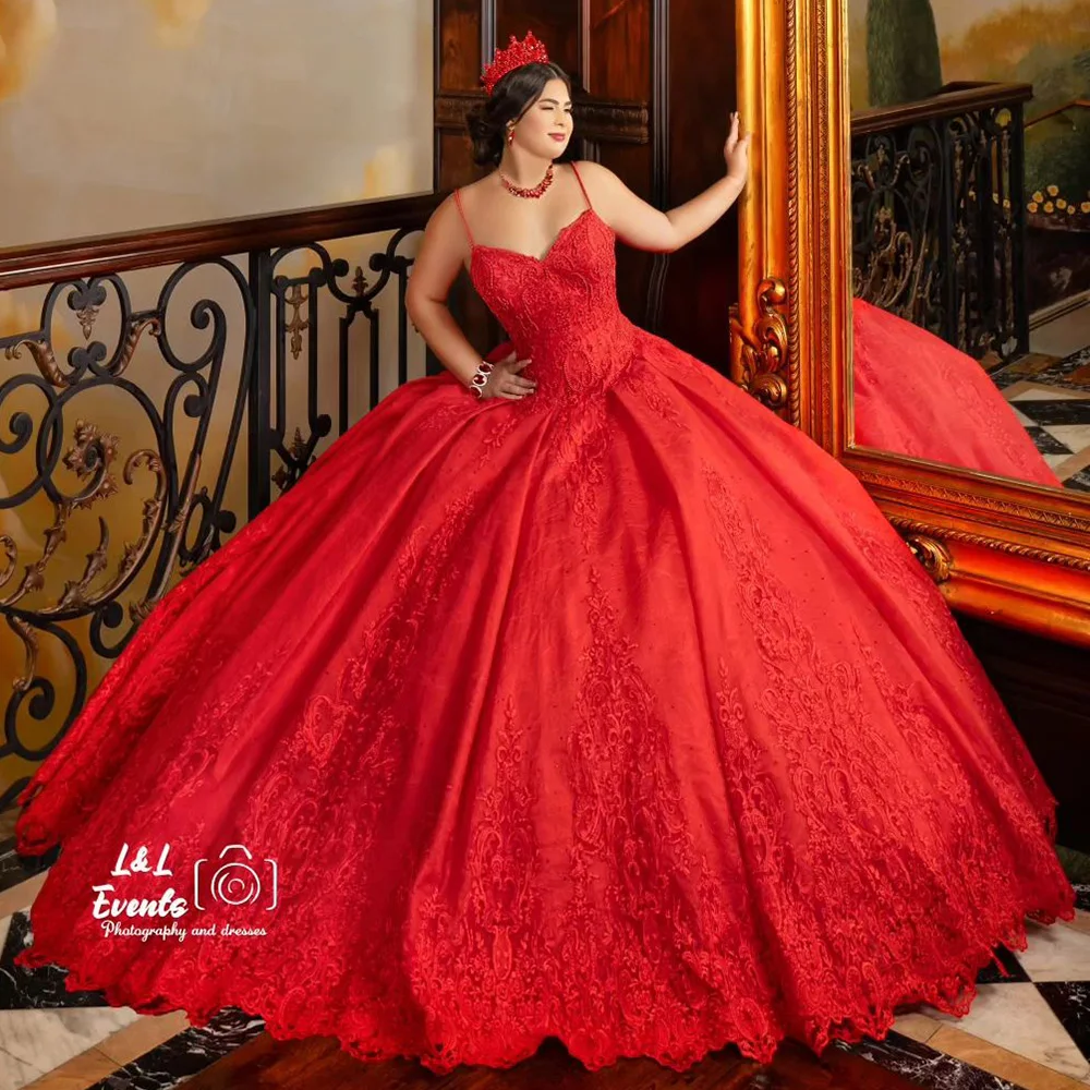 Vestido De quinceañera con tirantes finos, traje rojo con volantes, corsé De encaje con apliques, 15 Años