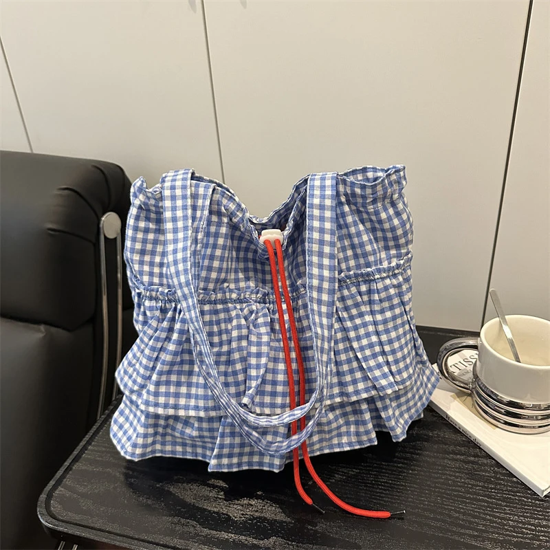 Cute Plaid Canvas Tote Bag Women's Large Capaci Faionable Buet Sle Oulder Bag Korean Sle Pure E-commerce Ss