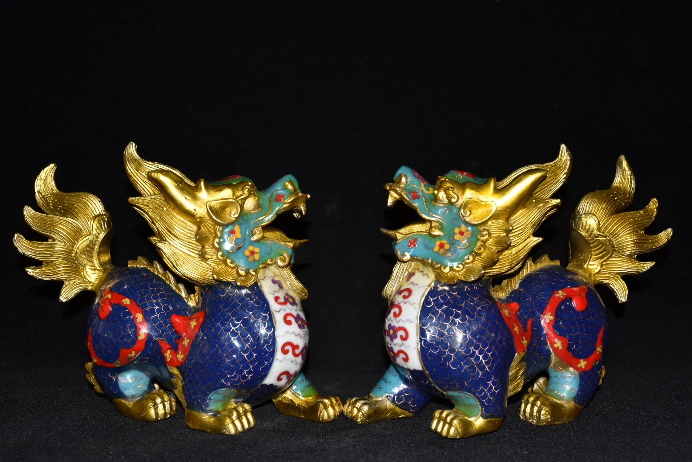 

9"Tibetan Temple Collection Old Bronze Cloisonne Enamel Kirin Unicorn Statue A Pair Gather fortune Town house Exorcism