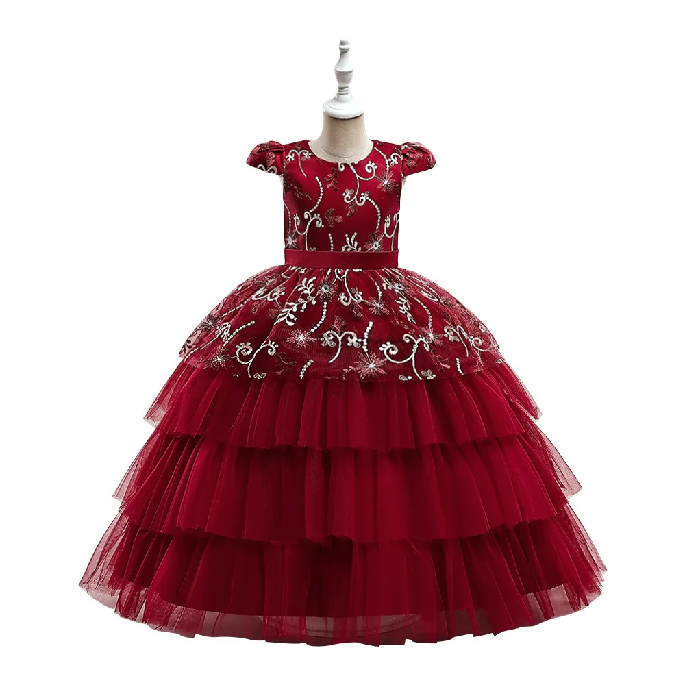 Vermelho elegante pequena manga voadora malha bolo vestido banquete anfitrião mostrar presente vestido de meninas bordado applique vestido de princesa