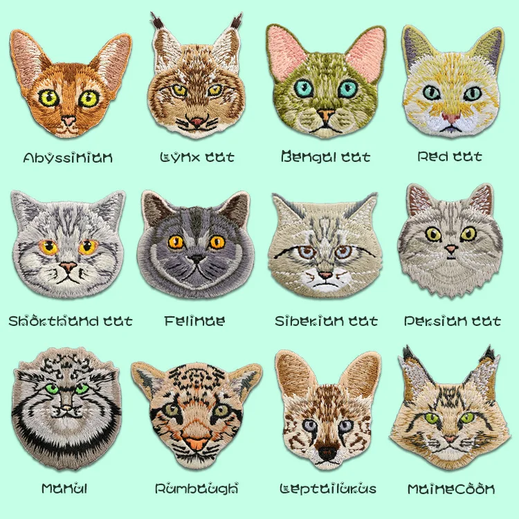 Cute embroidered fabric patch, small cat animal head embroidered clothing patch