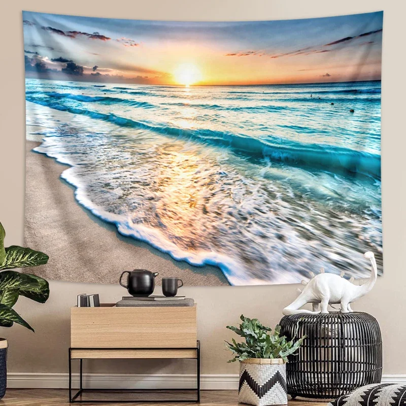 

1PC beach wave tapestry, summer seaside scenery and sunset tapestry, aesthetic wall hanging in living room and bedroom 180X320CM