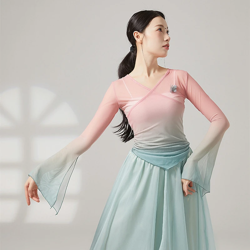 Women Classical Dance Mesh Top Gradient Long Slit Flared Sleeve Shirt Saree Blouse Chinese Hanfu Performance Training Costumes