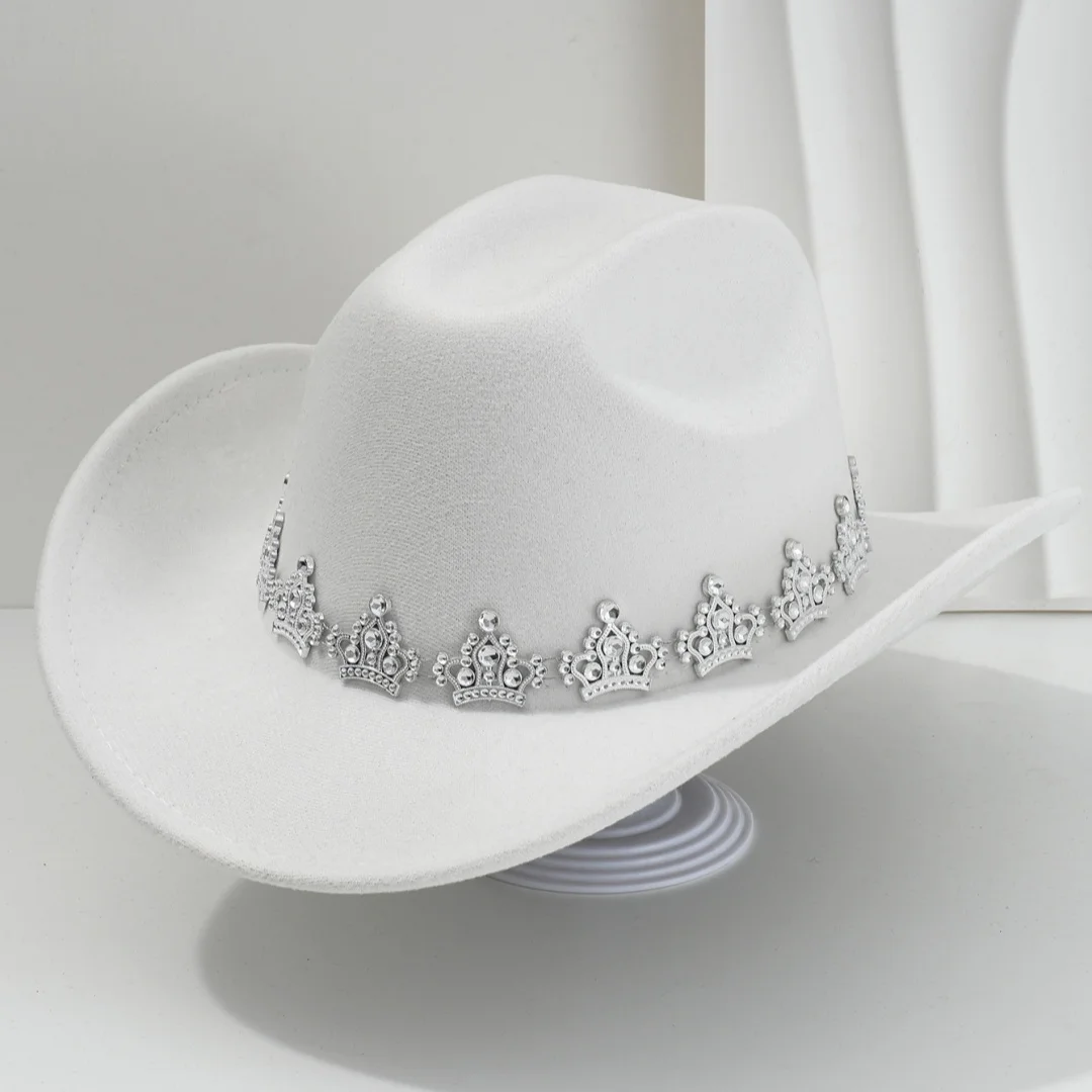 HongLuan Chapéus de topo de feltro preto/branco de luxo, chapéu de cowboy elegante mulher de strass, acessórios de cowboy, boné de festa para homem original