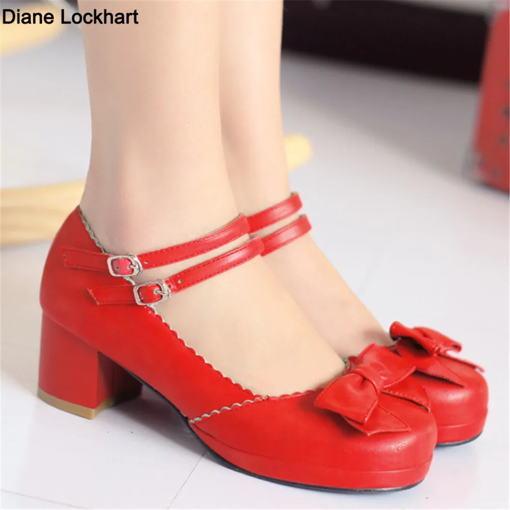 2024 Spring Women Low Heel Round Toe Straps Bow Cute Girls Princess Tea Party Lolita Students Lovely Shoes Size 33-43 Red Purple