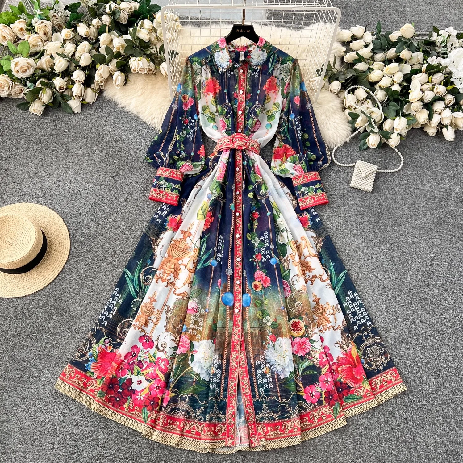 Spring Summer Holiday Gorgeous Flower Chiffon Dresses Women\'s Stand Long Lantern Sleeve Belt Floral Print Loose Robe Vestidos