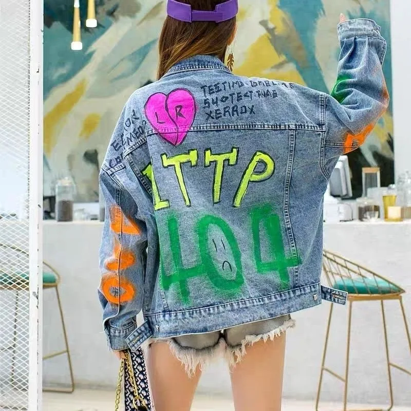 Women's Clothing Denim Coat Autumn Loose Blue Jean Jacket Woman Short Korean Heavy Duty Retro Thailand New Graffiti Versatile