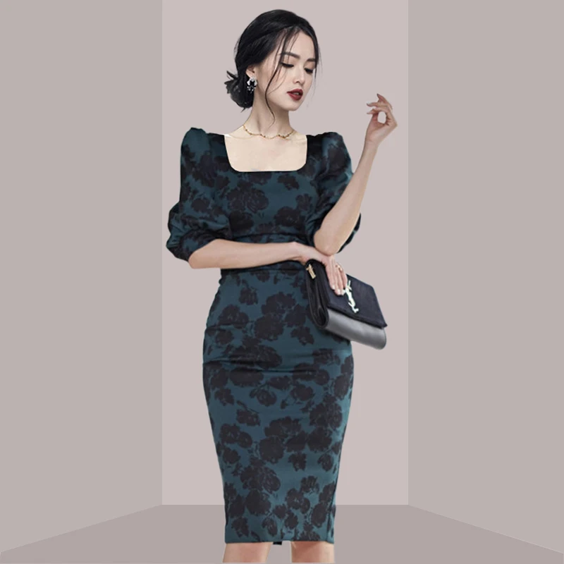French Vintage Floral Midi Dress - ชุดเดรสยาวระดับกลาง ลายดอกไม้ ทรงเข้ารูป สไตล์เกาหลี คอเหลี่ยม เอวเข้ารูป