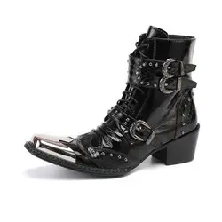 Fashion Punk Style Men Black Genuine Leather Boots Metal Square Toe Buckle Rivet Motorcycle Boots Male Party Ankle Chelsea Boots