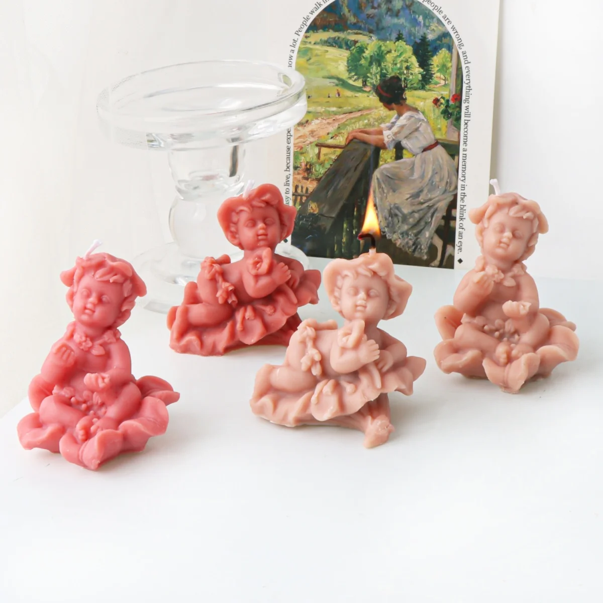 

3D Angel Baby Sitting on Peony Flower Silicone Mold Lying in Petunia Fairy Candle Resin Plaster Mould Soap DIY Tool Home Gifts