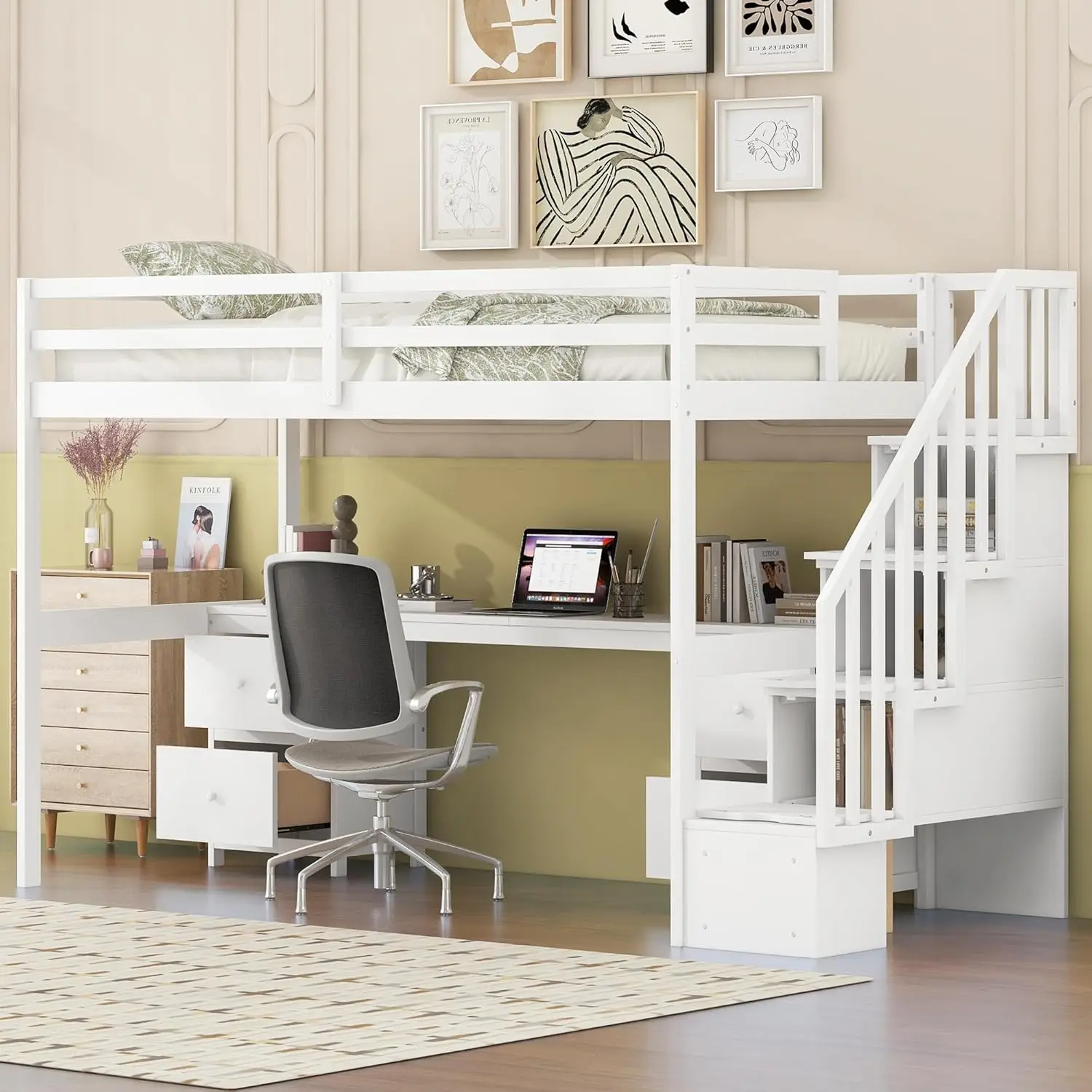 

Twin Loft Bed with Stairs and Desk, Wood Loft Bed with Storage Stairs and 4 Drawers, High Loft Bed Frame with Storage Steps