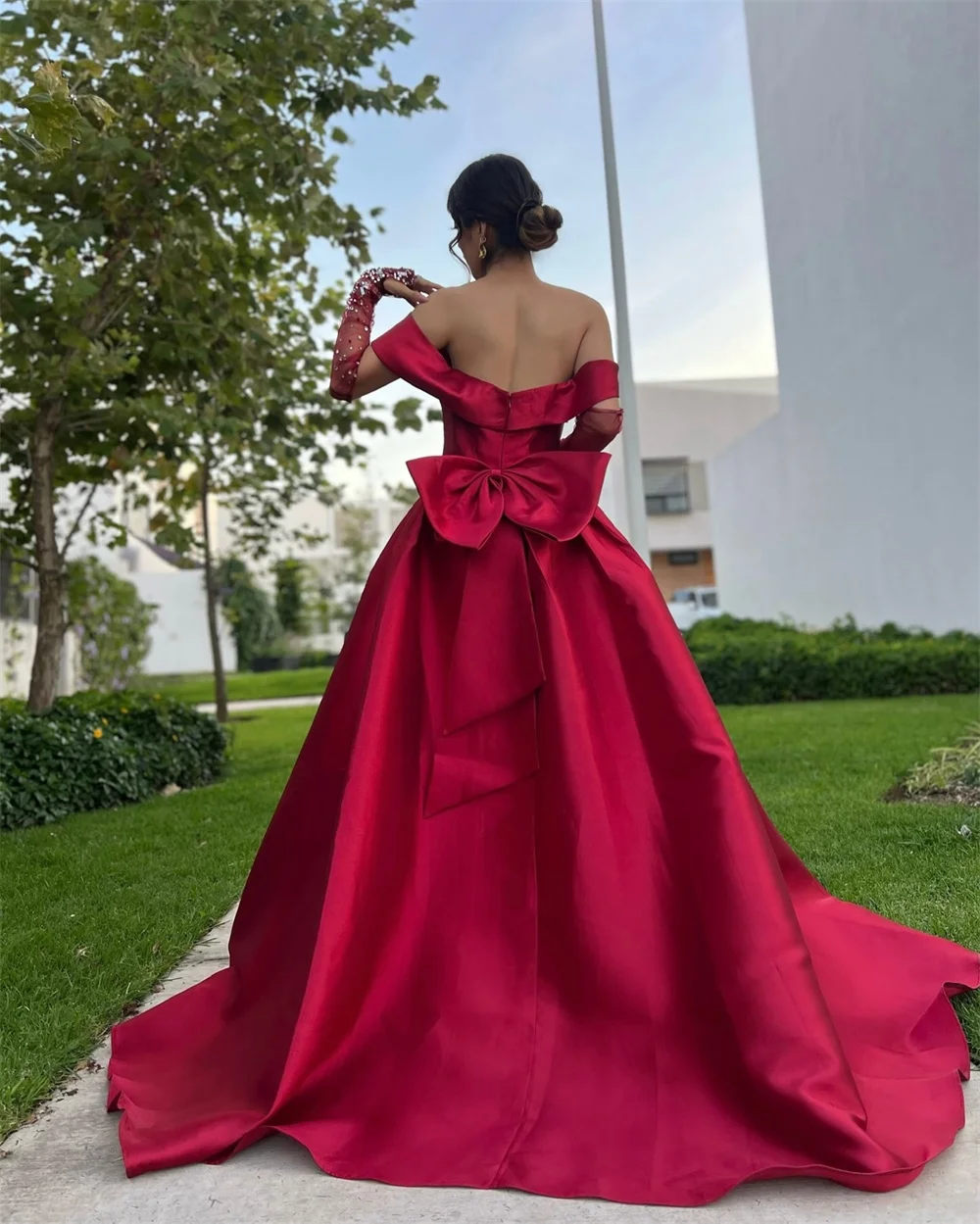 Amanda Customized Side High Split Long Trailing Off Shoulder Prom Dresses Bow vestidos de noche Mesh Gloves Formal Evening