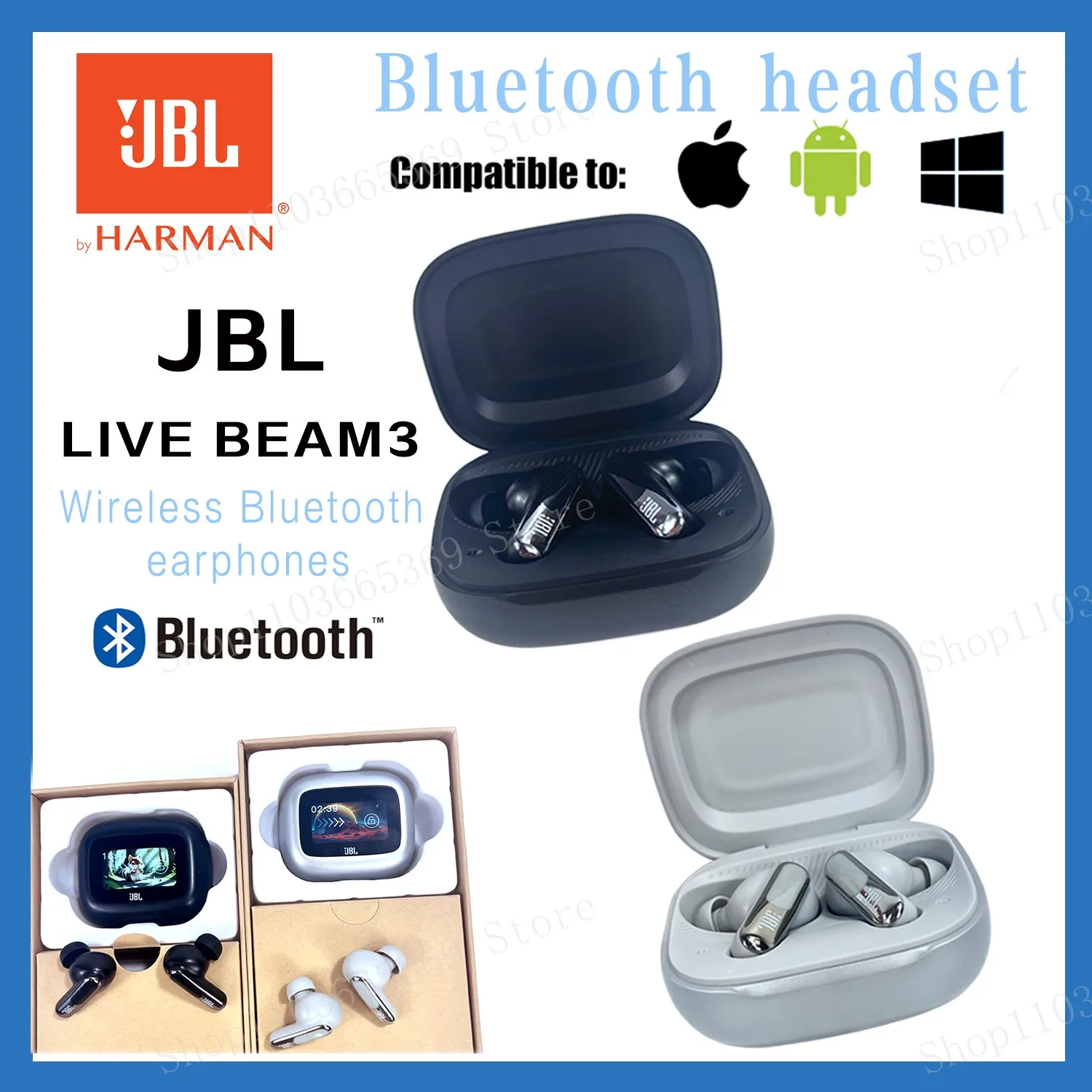 JBL Live Beam 3 Écouteurs fermés sans fil à suppression de bruit, 6 microphones pour une communication parfaite, étanche IP55
