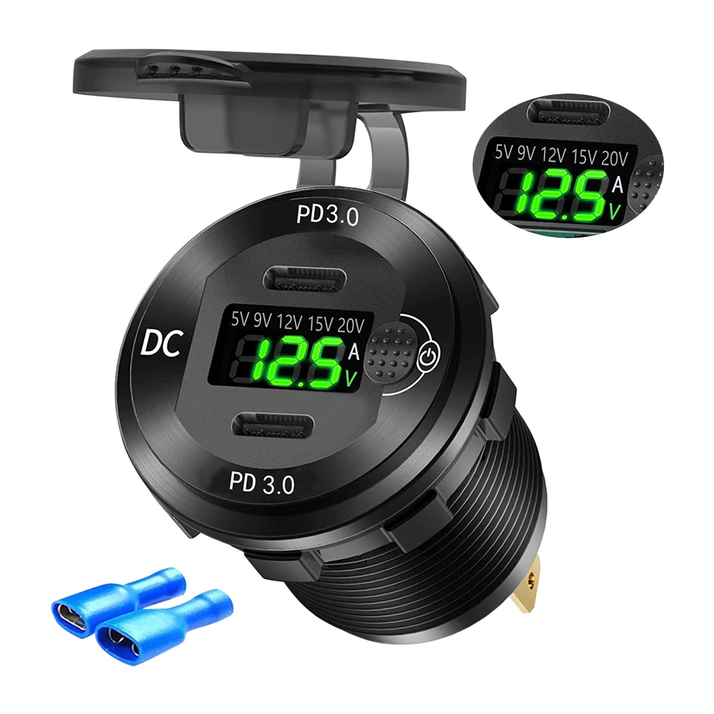 New Car Charger Dual USB PD Fast Charger Socket 12-24V  PD3.0 Aluminum Alloy Charging Adapter With Digital Display Screen Switch