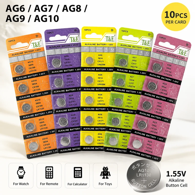 10 pilas de botón AG6 LR69 371 LR920 AG7 LR927 395 AG8 LR1120 191 AG9 LR936 394 AG10 LR1130 389 para relojes y juguetes