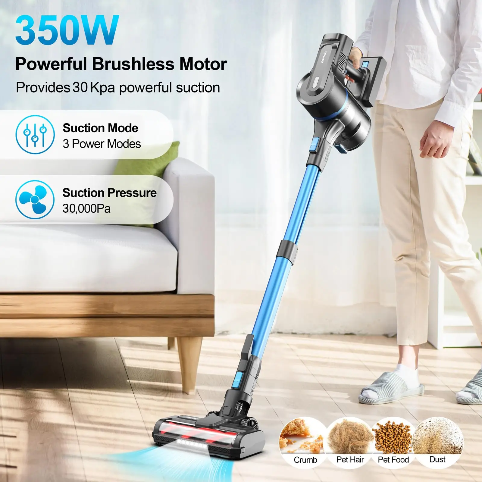 DEVOAC S11 Cordless Vacuum Cleaner, 30Kpa/350W Powerful Suction Brushless Vacuum, Lightweight Stick Vacuum Cleaner for Pet Hair