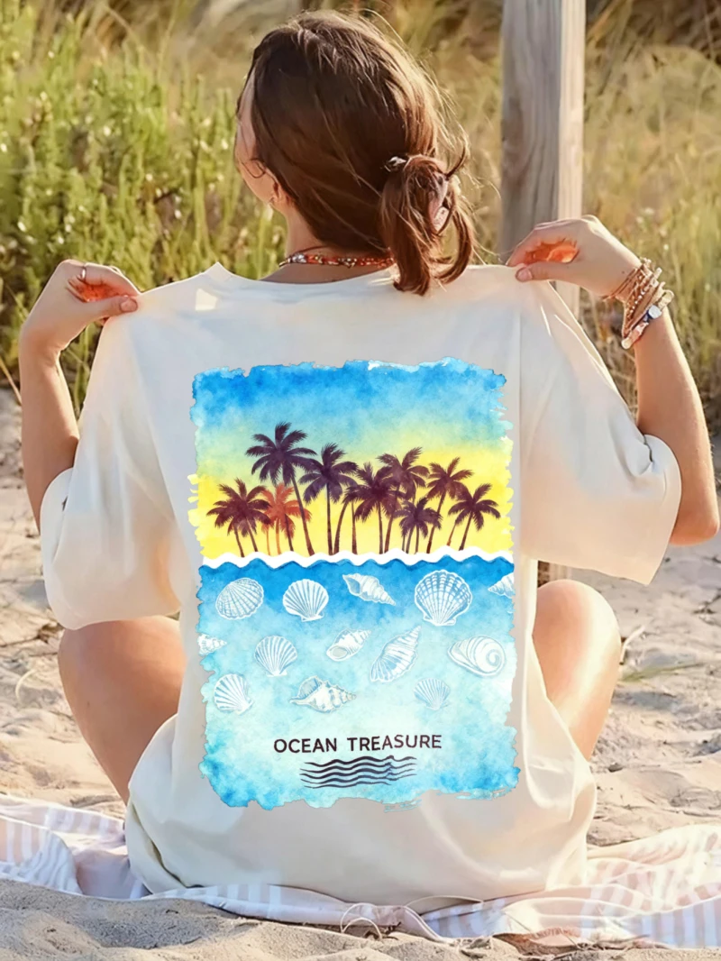 

Women's T-shirt Tropical Beach Towel Blue Coconut Tree Conch Print Summer Casual Vacation Style Top