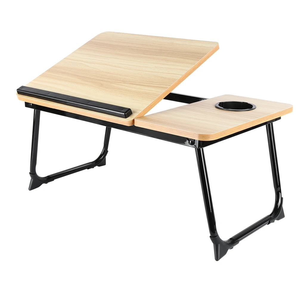 Opvouwbare bedtafel van bamboe metaal met in hoogte verstelbare antislipstrip voor lezen en bureau (zwart/drinkkleur)