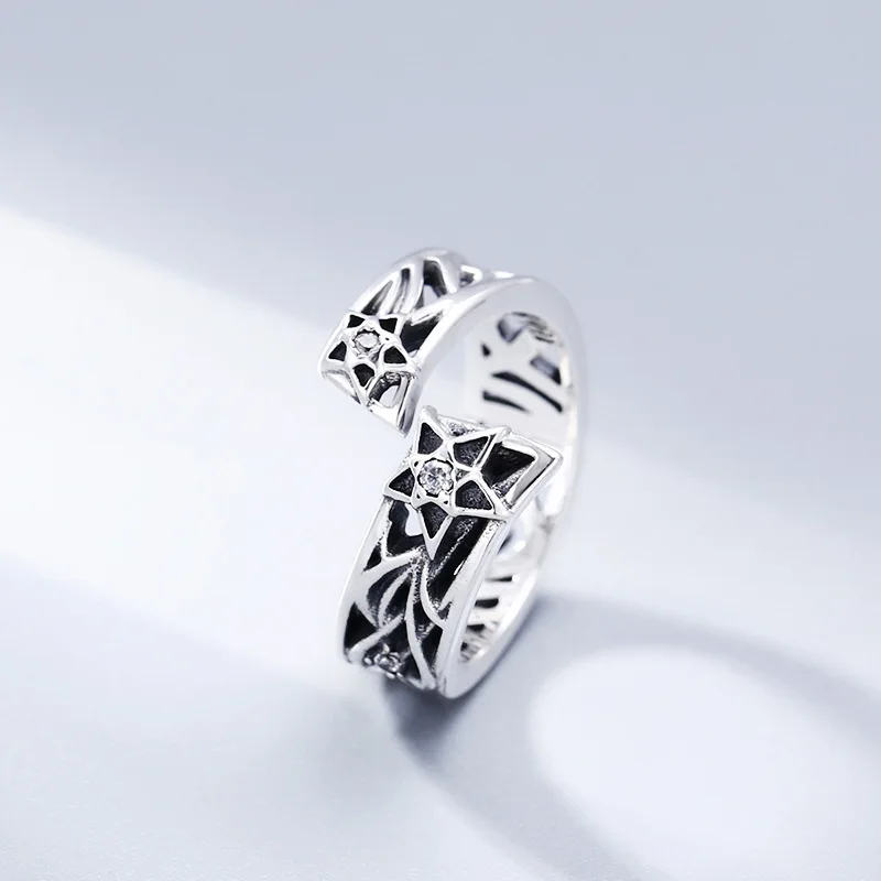 925 sterling silver pentagram ring men's and women's loose ring Diamond Thai silver retro retro style personality ornament