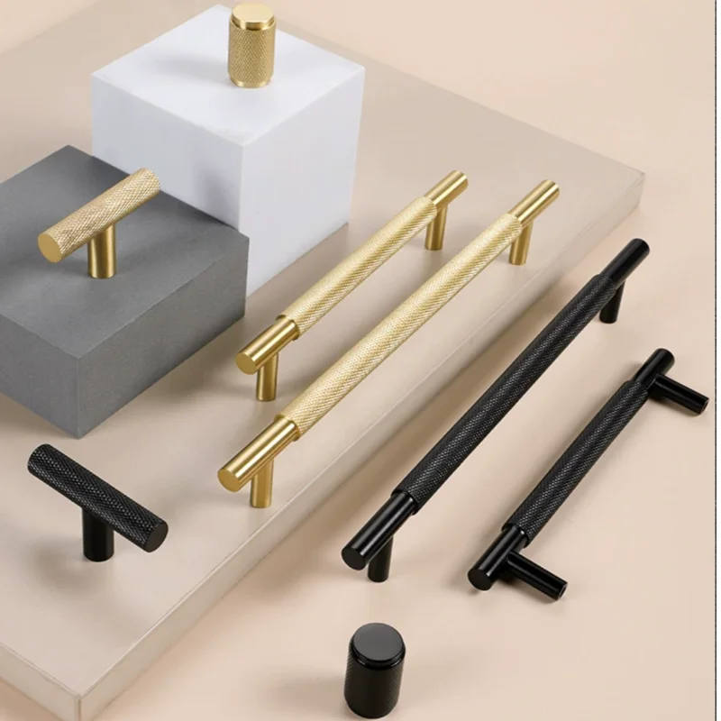 Kitchen Cabinet Handles Brass Diamond-cut Cross Knurl Pattern Gold Black Cabinet Handle Wardrobe Pull T-bar Knobs
