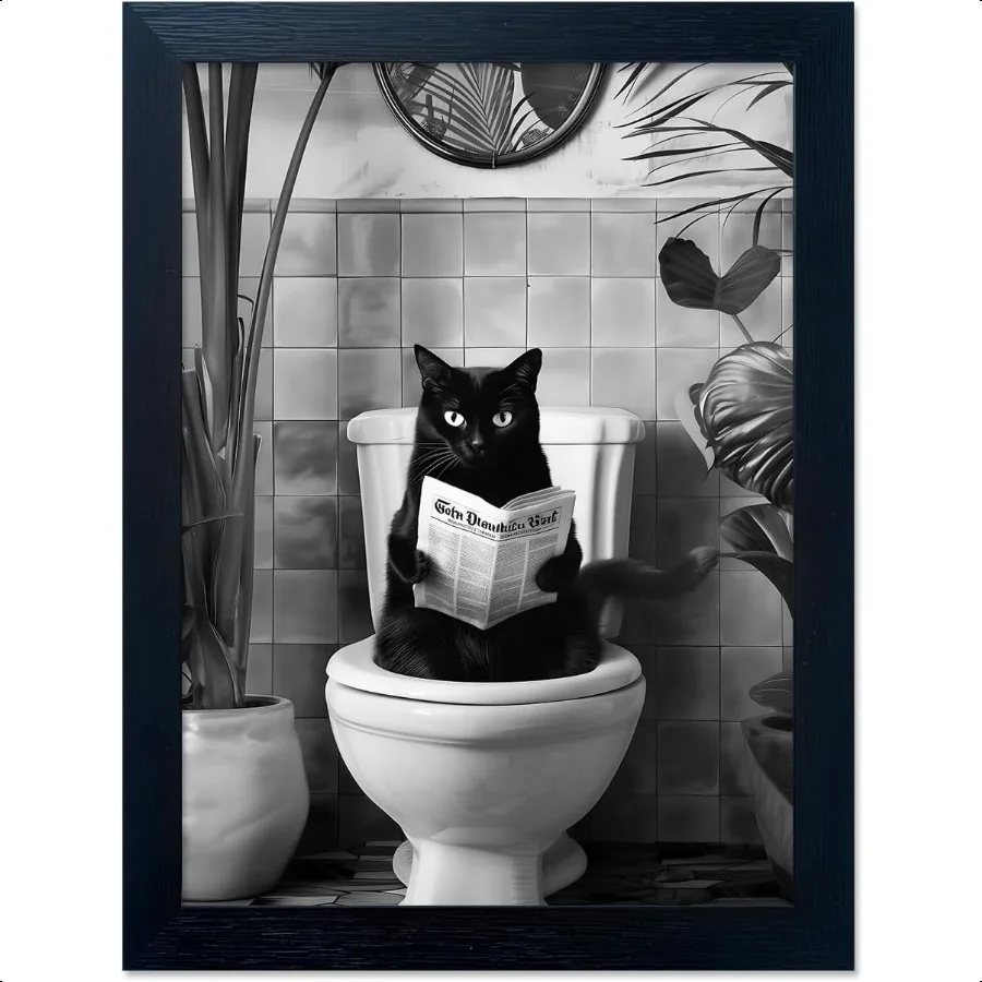 

Черно-белый декор для стен ванной комнаты, забавный черный кот, сидящий на туалете, чтение газеты, юмористическое искусство на стену ванной комнаты, маленькая рамка