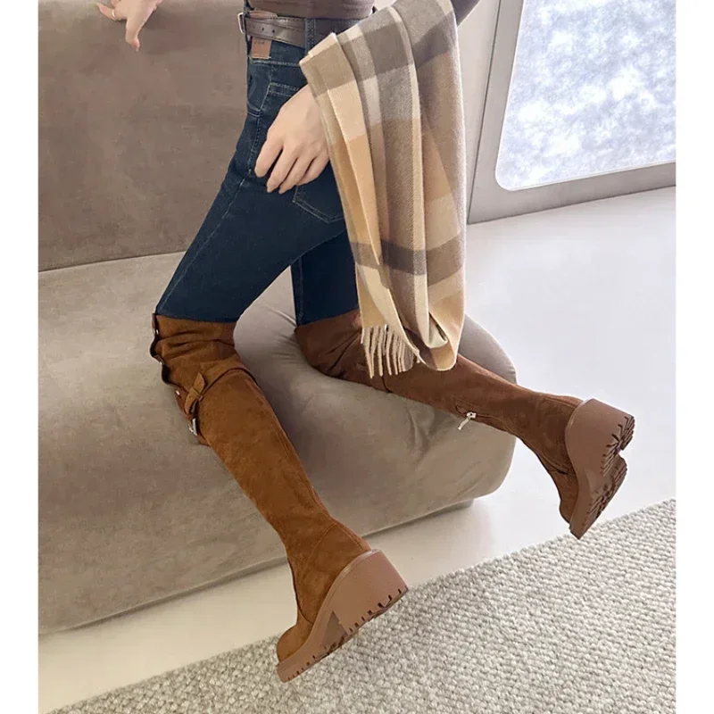 Autumn New Women\'s Over The Knee Boots Fashion Round Toe Chunky Heel Suede Riding Boots for Women Dress Ladies Platform Shoes