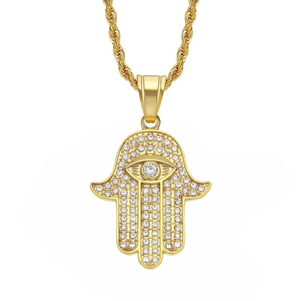 Hamsa Hand of Fatima Necklace Pendant & Chain For Men Women\'s Gold Color Stainless Steel Palm Necklaces Turkish Jewelry Gift