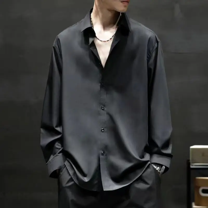 Men's Casual Loose High-end Long-sleeved Shirt Handsome Black Top Work Business Shirt