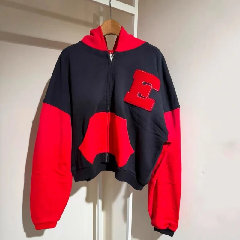 Ultra Loose E-shaped Towel Embroidery ERL Hoodie Back Patch No. 76 Retro Red Black Contrasting Metal Zipper Boxy Baseball Jacket