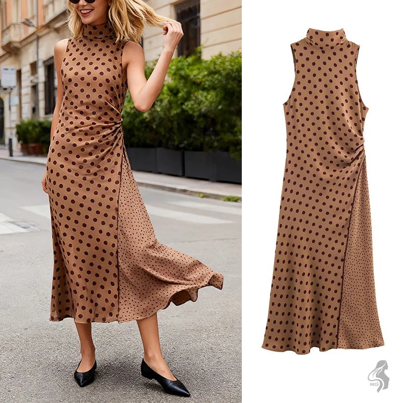Robe élégante pour femmes, mode, nœud à pois, sans manches, cravate à la taille, plissée, mi-longue, Vintage, tenue de fête de printemps élégante