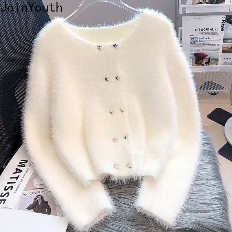 Soft Furry Cardigan Women Winter Clothing Thicked Double-breasted Pull Femme Fashion Sweet Knitting Cropped Tops Sweater Jackets