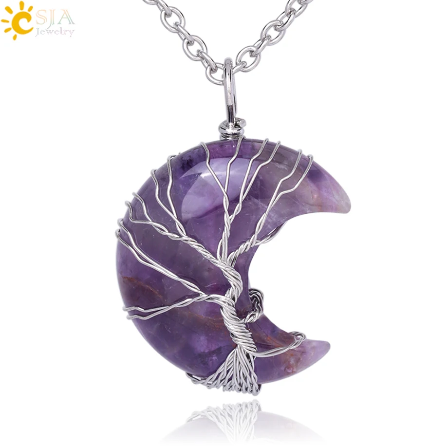 

CSJA Natural Crystal Pendant Necklace Crescent Moon Tree of Life Pink Quartz Natural Stone Chip Bead Resin Pendants Jewelry H151