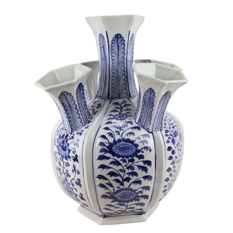 blue and White hand painted tulipiere porcelain Vase