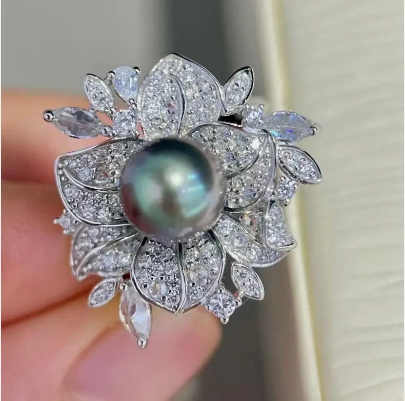 

stunning 10-11mm tahitian round black green pearl ring 925s