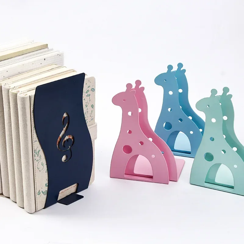 2 Pcs/Set Cute Giraffe and Notes Book Stand Cartoon Metal Bookend Reading Book Holder Shelf  Student Supplies