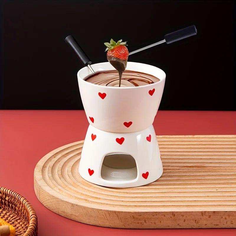 

1pc Heart Print Ceramic Fondue with 2 Forks Set, Cute Butter Warmer Set Melting Pot Set for Chocolate, Cheese, Candy