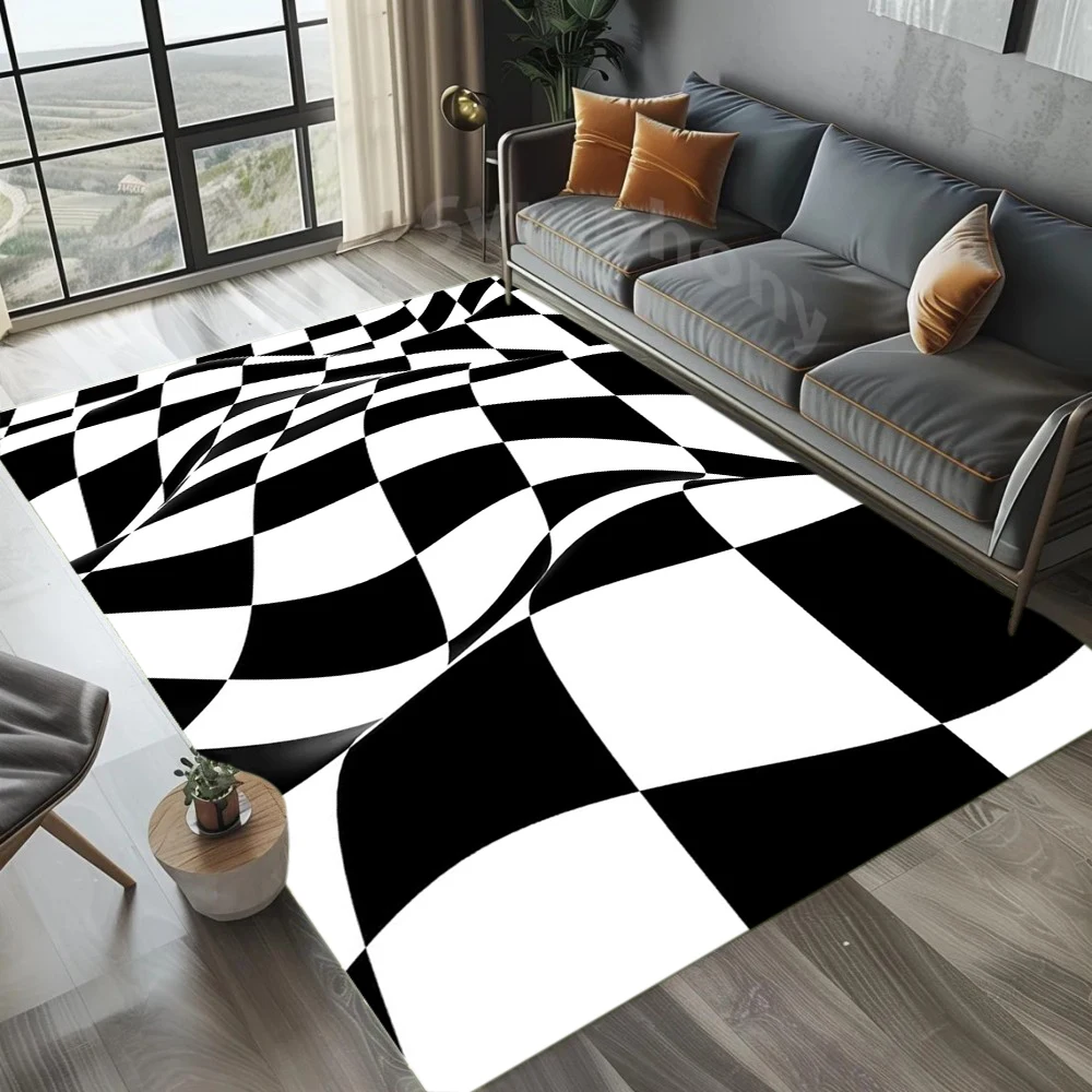 Optical Black White Checkerboard Carpet Creative Visual Effect Easy Clean Floor Mat for Living Room Game Room Home Decor